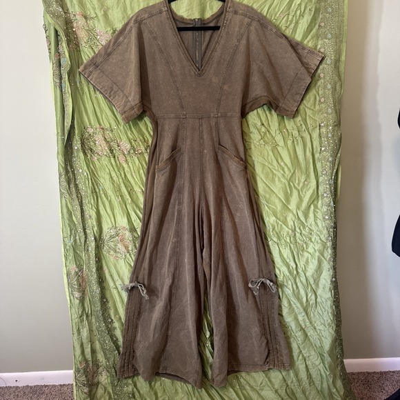 BiBi Pants - BiBi Jumpsuit Wide Leg Bohemian 100% Cotton Short Sleeve Olive Green Size Small